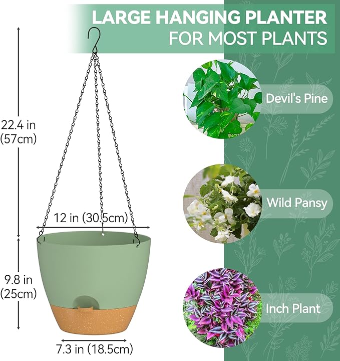 ZMTECH 12 Inch Hanging Planters for Indoor Outdoor Plants, 1 Pack Self Watering Hanging Plant Pots with Drainage Holes and Removable Saucer, Plastic Flower Hanging Pots with Watering Lip (Green)-Ruum Studio Home