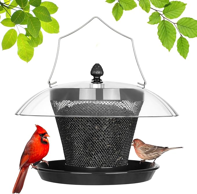 Veehoo Bird Feeders for Outdoors Hanging-Cardinal Bird Feeder with Weatherproof Dome, Wild Meta Finch Feeder for Outside 2.5 lbs Sunflower Seed Capacity, Black-Ruum Studio Home