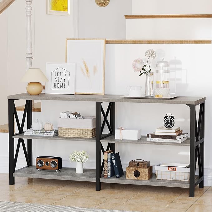 LVB Industrial Entryway Table, Farmhouse Rustic Console Table Behind Couch, Long Metal Wooden Sofa Table with Storage Shelf, Modern Foyer Hallway for Living Room Bedroom, Light Grey Oak, 63 in-Ruum Studio Home