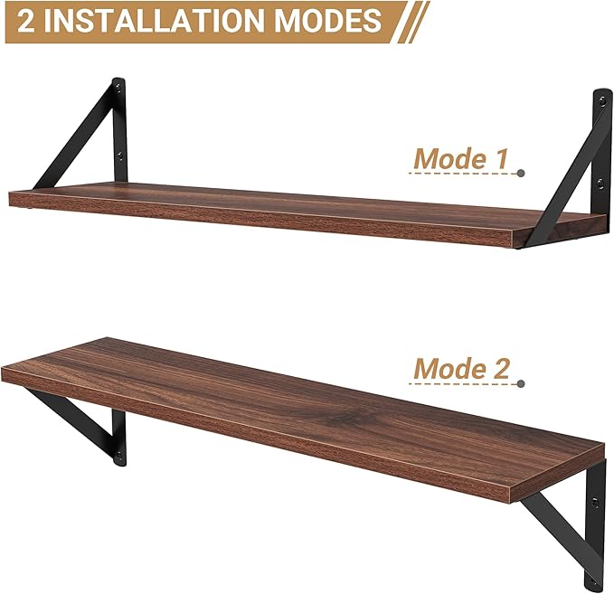 Heimlove Floating Shelves for Wall, 24 Inch Long Wood Floating Shelves Set of 3, Wall Mounted Hanging Shelf for Bathroom Bedroom Kitchen, Walnut-Ruum Studio Home