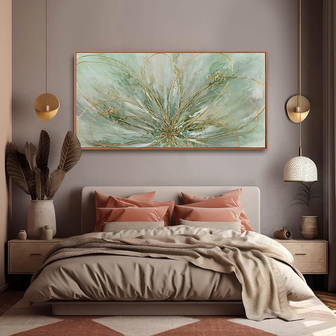 Framed Canvas Prints Gold Line Poster Abstract Wall Ar Green Pictures Wall Decor 29"x 58" Modern Artwork Large Wall Decorations for Living Room Home-Ruum Studio Home