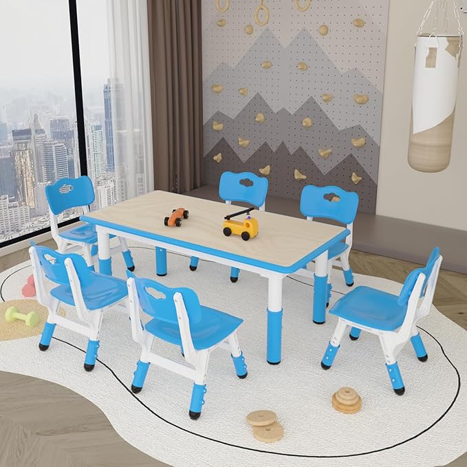 Kids Study Table and 6 Chairs Set,Height Adjustable Table and Chairs for Children and Toddlers,47.2"X23.6"Graffiti Desktop,Suitable for Daycare,Classrooms, Home-Ruum Studio Home