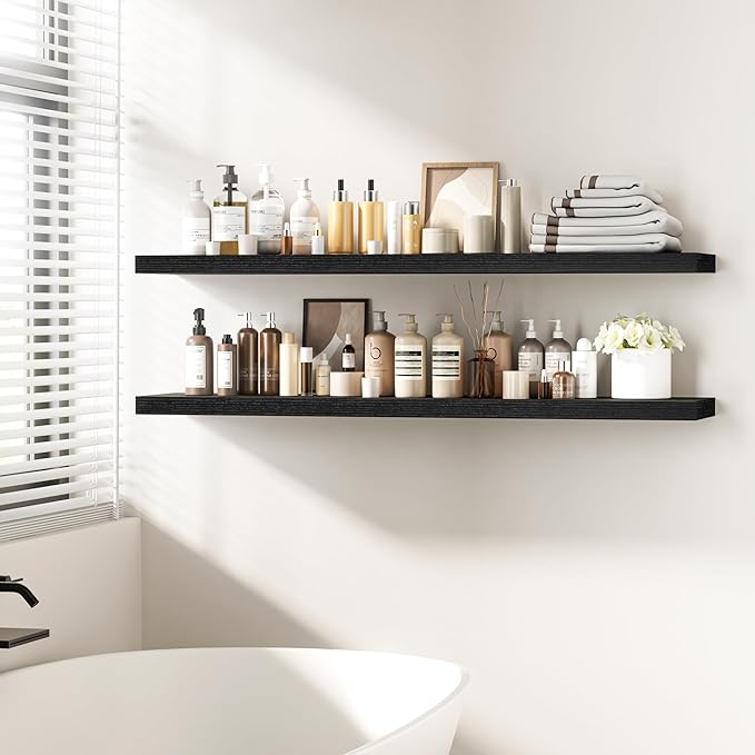 Fun Memories Floating Shelves - 12 Inch Rustic Wooden Wall Shelves - Extra Deeper & Thicker Wall Mounted Storage Shelf for Living Room, Kitchen, Farmhouse - 55" W x 12" D x 1.8" H - Rustic Black-Ruum Studio Home
