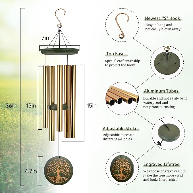 Memorial Wind Chimes for Outdoor & Gifts – Engraved Tree of Life, 36” Durable Metal Chimes with Soothing Melodies, Waterproof & Customizable Tones-Ruum Studio Home
