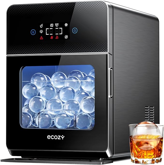 ecozy 2" Clear Ice Ball Maker with CrystalFlux Technology, 4 pcs in 40 Mins, 144 pcs/Day, Sphere Ice Maker with Enhanced Insulation, Automatic Water Supply, Self-Cleaning for Whiskey & Bourbon-Ruum Studio Home