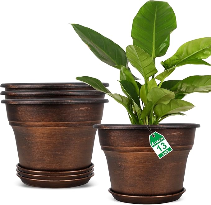 Plant Planters Pots Set of 4 Pack 13 Inch，Large Plastic Flower Pot for Indoor Plants with Drainage Holes & Trays, Resin Decorative Container Sets with Saucer for House Outdoor Garden Plant Copper-Ruum Studio Home