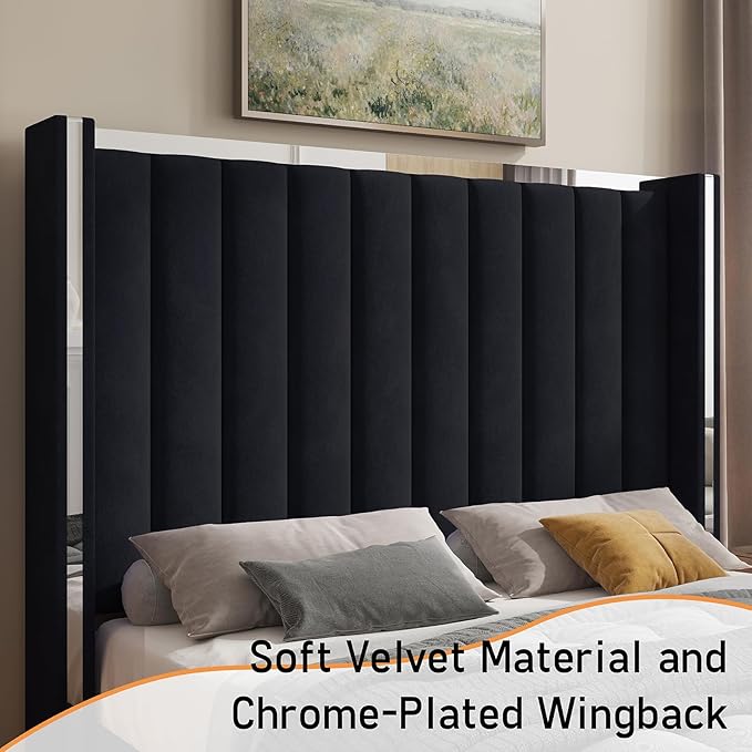 Jocisland King Size Bed Frame with 58" Tall Headboard, Velvet Upholstered Platform Bed with Channel Tufted Wingback Headboard and Plating Trim, No Box Spring Needed, Black-Ruum Studio Home