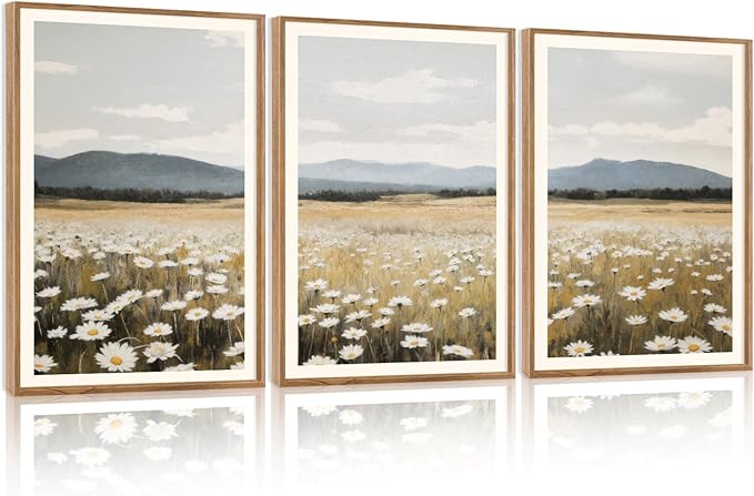 HPNIUB Flowers Wall Art Canvas White Daisy Floral Painting, Rustic Field Landscape Picture, Modern Framed Artwork for Living Room Bedroom Bathroom Dinning Room Office Home Decor Gifts-16 x24 x3-Ruum Studio Home