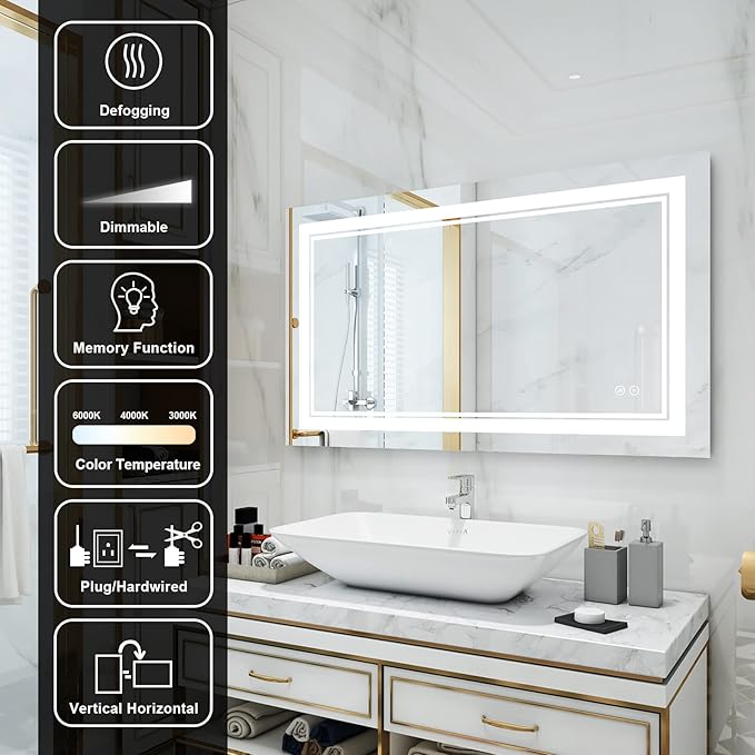 WELLFOR LED Bathroom Vanity Mirror 40 x 24 Inch, Lighted Anti-Fog Dimmable Mirror, IP44 Waterproof Wall Mounted Makeup Mirror, Packed with US Standard Plug and Touch Switch, (Horizontal/Vertical)-Ruum Studio Home