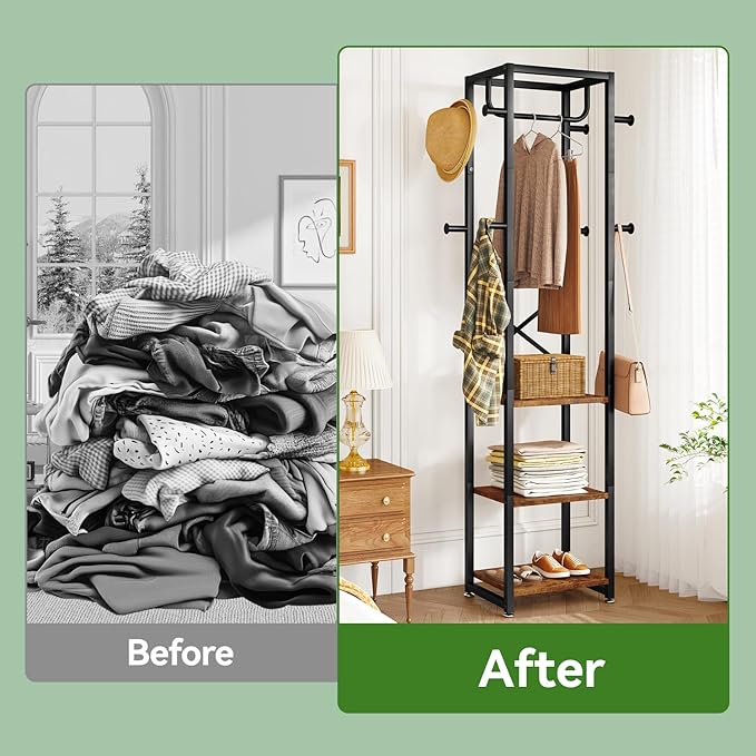 IBUYKE Coat Rack with Shelves, Freestanding Hall Tree with 3 Shelves and 8 Hooks, Industrial Clothes Stand for Entryway, Hallway, Bedroom, Rustic Brown UTMJ088H-Ruum Studio Home