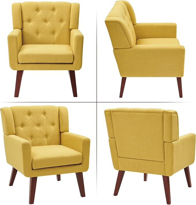Accent Chair Button-Tufted Upholstered Living Room Chairs Comfy Reading Chair Mid Century Modern Chair with Linen Fabric Lounge Arm Chairs for Living Room Bedroom (Yellow)-Ruum Studio Home