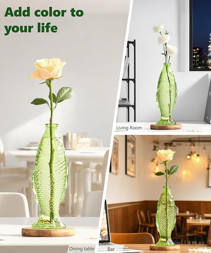 Nacome Fish Vase Glass Plant Terrarium with Wooden Stand,Plant Propagation Station for Home Office Hydroponics Desk Decoration,Unique Gardening Gifts for Plant Lovers Women Mom(Green)-Ruum Studio Home