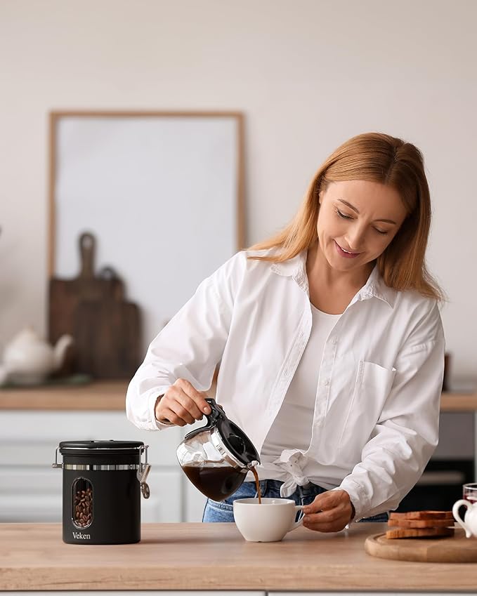 Veken Coffee Canister with Window, Airtight Stainless Steel Kitchen Food Storage Container with Lids, Date Tracker and Scoop for Grounds Coffee, Beans, Tea, Flour, Cereal, Sugar Jars, 16OZ, Black-Ruum Studio Home