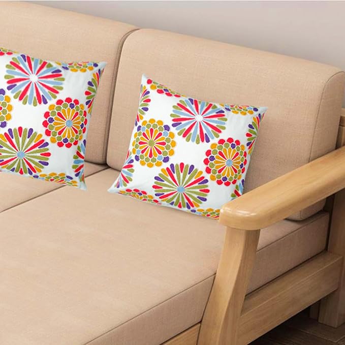 Embroidered Decorative Throw Pillow Cover, 18"x18" Set of 2, Farmhouse Pillowcase Colorful Knit Pattern Cotton Canvas Cushion Case Square Floral Pillow Case for Sofa Couch Bed Living Room-Ruum Studio Home