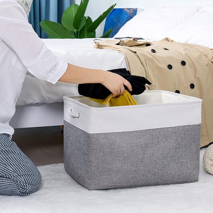 TheWarmHome Storage Bins Baskets for Organizing, 20.5L×15.7W×13.8H 3 Pack Sturdy Fabric Storage Basket W/Handles, Decorative Foldable Storage Baskets for Shelves Closet Nursery Toy (White & Grey)-Ruum Studio Home