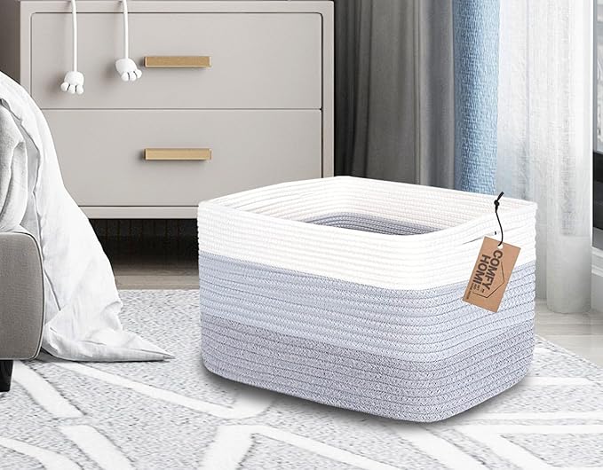 COMFY-HOMI 3PACK Cotton Rope Woven Basket With Handles for Shelves, Toy, Book, Cloth Storage Basket for Organizing|13.5" x 11" x 9.5" Decorative Nursery Cube Bin for Living Room（White / 3-Tone Grey）-Ruum Studio Home