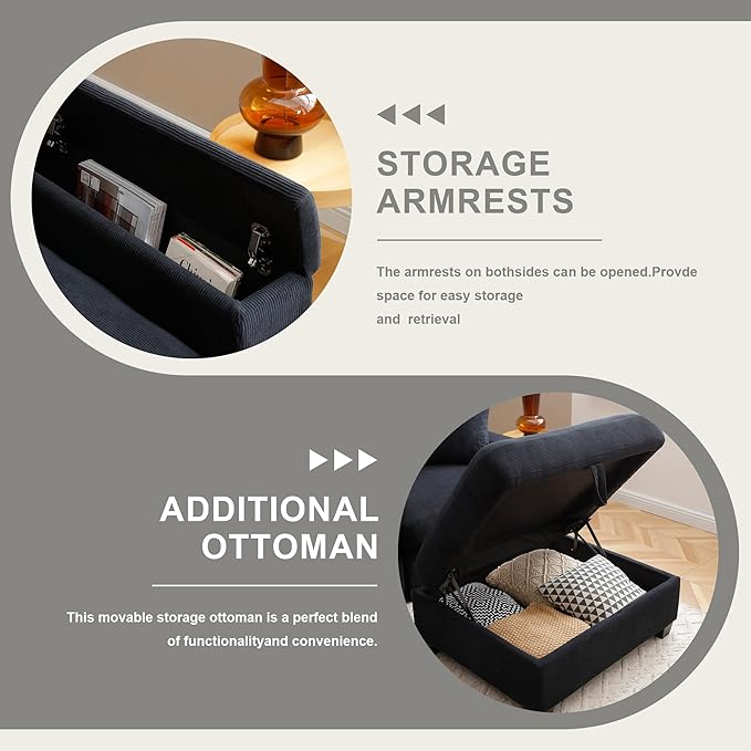 120.3" Modern L-Shaped Sectional Sofa with 360°Swivel Drop-Down Table, Storage Armrest, USB Ports & Movable Storage Ottoman – Plush Linen Cloud Couch for Lounge (Black)-Ruum Studio Home