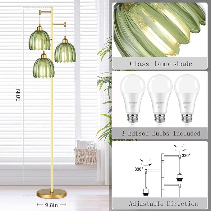 Gold Floor Lamp for Living Room,Bedroom,Mid Century Modern Standing Lamp Brass Tree 3 Light Tall Floor Lamps Vintage Retro Floor Lights Glass Green Flower Lamp Shade Farmhouse Boho Bohemian-Ruum Studio Home