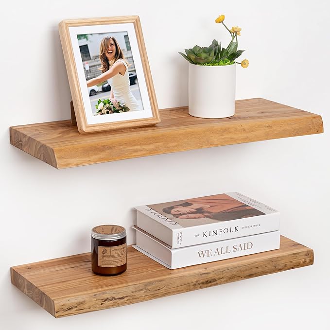 RICHFOCUS Live Edge Elm Floating Shelves - 24" W x 9.3" D Rustic Solid Wood Wall Shelves with Invisible Bracket, Wall-Mounted for Living Room, Bedroom, Kitchen Storage & Display, Set of 2, Natural-Ruum Studio Home