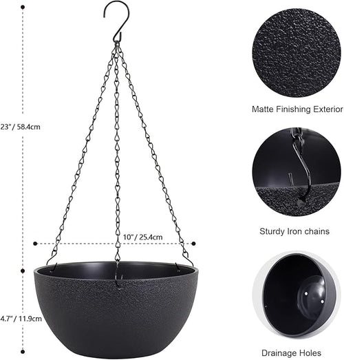 10 inch Hanging Planters for Indoor Outdoor Plants, 2 Pack Hanging Flower Pots with Drainage Holes and Chain for Garden Porch Plants, Round Plastic Hanging Baskets for House Plants, Black-Ruum Studio Home