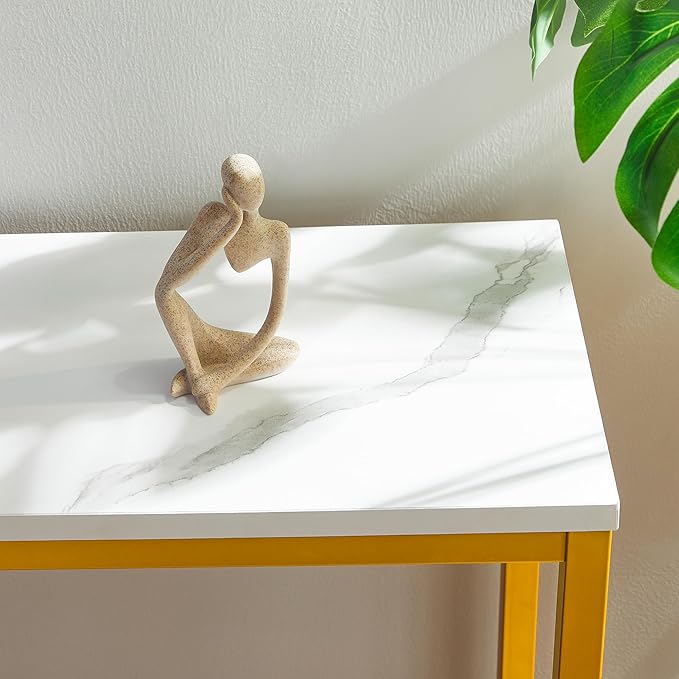 ELYKEN 2 Pack 5.9" Narrow Console Sofa Table with Power Outlets and USB Port, 5.9" Dx39.4 Wx31.1 H Marble Texture Skinny Couch Table with Golden Metal Frame-Ruum Studio Home