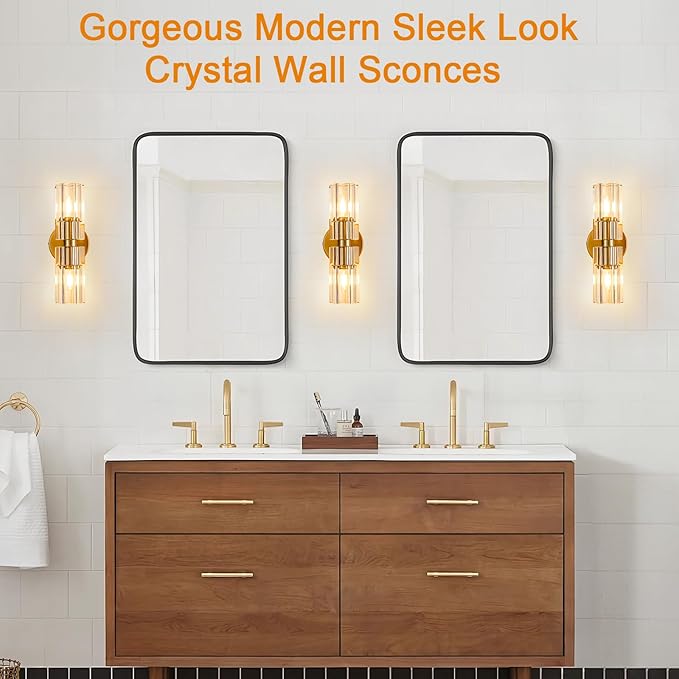 Gold Crystal Wall Sconces Set of Two, Wall Sconce Set of 2, Brass Sconces Wall Lighting with K9 Crystal Lampshade, Wall Lights for Bedroom Living Room Bathroom Hallway-Ruum Studio Home