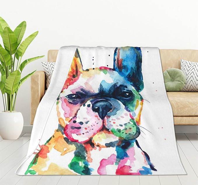 HGOD DESIGNS Watercolor French Bulldog Fleece Throw Blanket Ultra Soft Cozy Blooming Decorative Flannel Blanket All Season for Home Couch Bed Chair Travel 50x60in-Ruum Studio Home