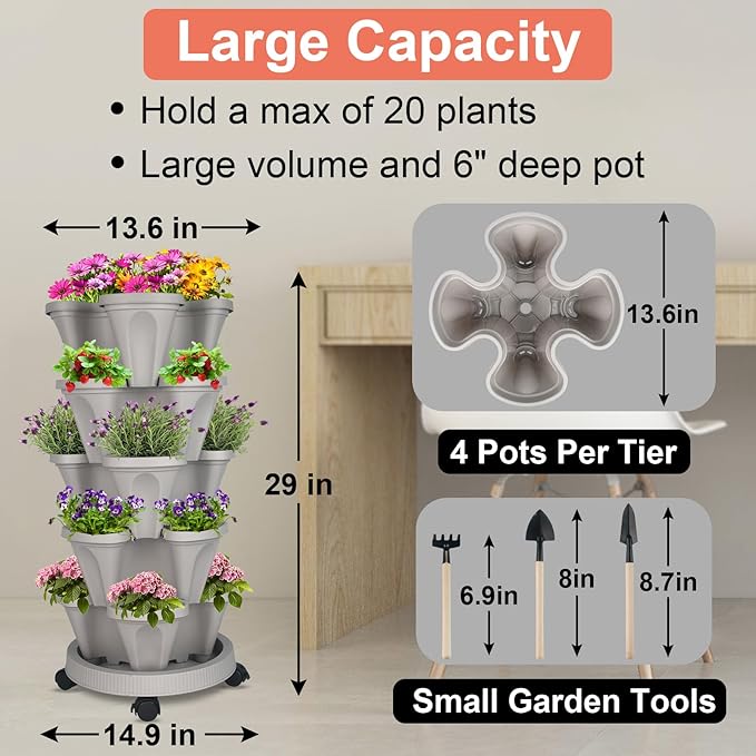 Vertical Planter 5 Tier Stackable Planters Garden Planters Strawberry Herb Flower and Vegetable Planter Indoor Outdoor Gardening Pots with Removable Wheels and Tools-Ruum Studio Home