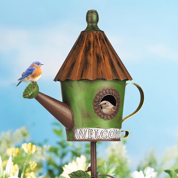 BAYN 57” Bird Houses Stake for Outside, Metal Watering Can Birdhouse Garden Stake Wild Bird Feeder Pole with Welcome Sign Outdoor Decorations for Patio, Backyard, Garden-Ruum Studio Home