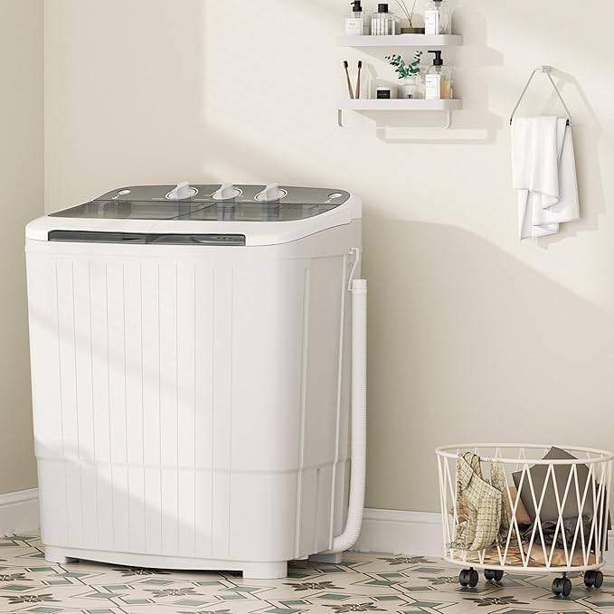 Greenvelly Portable Washing Machine, 16 Lbs Compact Mini Washer and Dryer Combo, Semi-automatic Twin Tub Washer with Drain Pump for Dorms, Apartments, RVs (Grey)-Ruum Studio Home