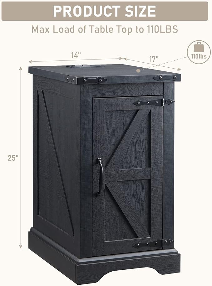 JXQTLINGMU Nightstand with Charging Station, Rectangular Farmhouse End Table with Barn Door and Adjustable Storage Shelf, 17" Deep Wood Rustic Sofa Side Table for Living Room, Bedroom, Black-Ruum Studio Home
