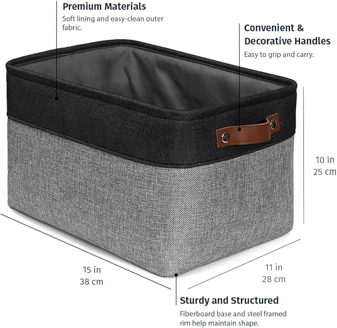 OrganiHaus Large Fabric Storage Baskets for Shelves 3 Pack | 15x11in Closet Storage Bins for Shelves | Clothes Storage Bins for Organizing | Linen Closet Organizers | Fabric Basket, Gray/Black-Ruum Studio Home