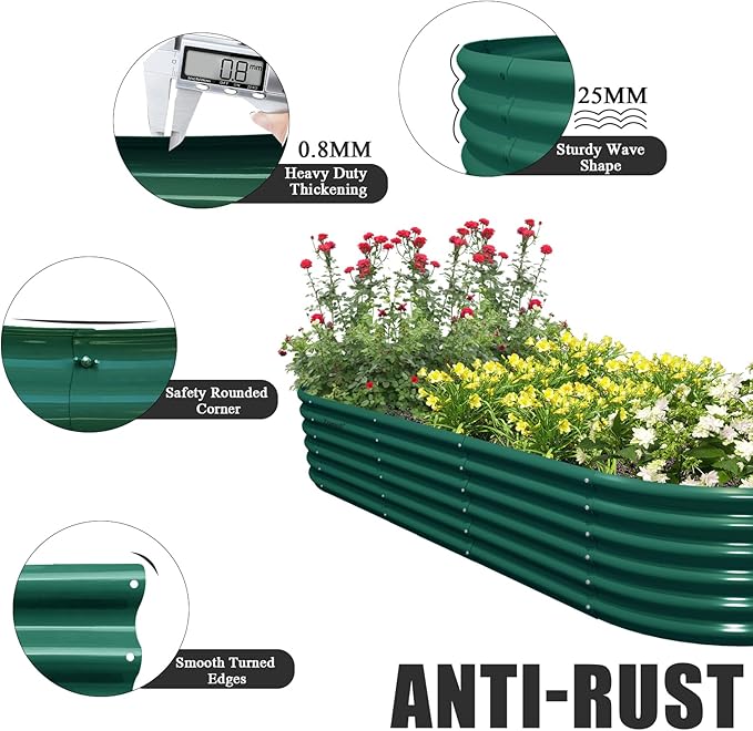 1 Pack 8x3x1.5FT Galvanized Raised Garden Bed Kit Oval Metal Ground Planter Box Outdoor Bottomless Planter Raised Beds for Vegetables Flowers Herbs Fruits, Green-Ruum Studio Home