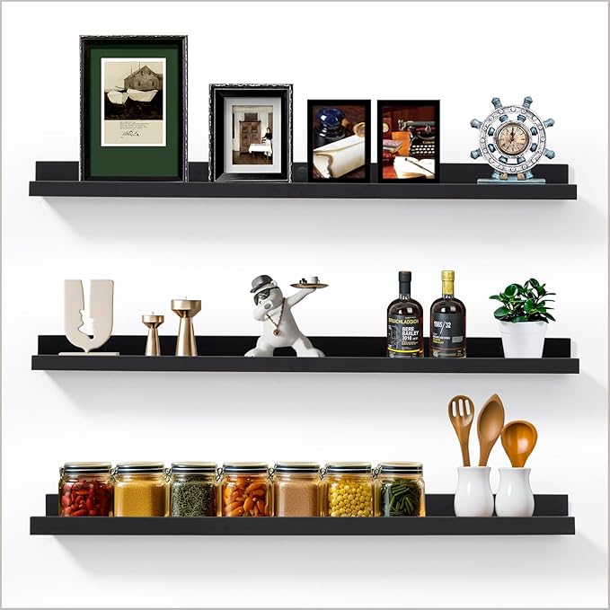 Long Floating Folding Shelves 48 Inch Wood Picture Ledge Shelf with Lip for Wall Black Storage Shelves for Kids Room Photo Shelves Wall Organizer Set of 3 for Bedroom Living Room Bathroom Kitchen-Ruum Studio Home