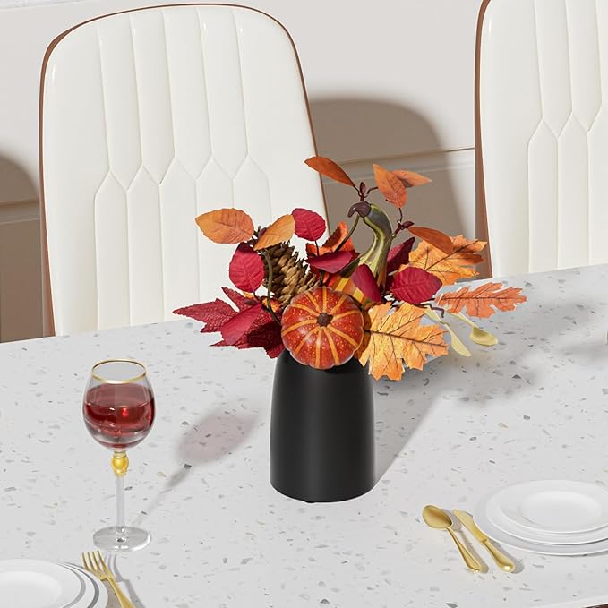 Autumn Artificial Potted Plant Decorations, Maple Leaves, Pinecones, Pumpkins with Black Ceramic Vase for Home,Thankgiving Table Decoration-Ruum Studio Home