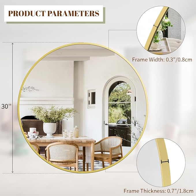 BEAUTYPEAK 30 Inch Round Mirror, Metal Frame Circle Mirror, Wall Mounted for Entryway, Bathroom, Vanity, Living Room, Gold-Ruum Studio Home