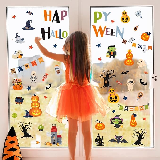 10 Sheets Halloween Window Clings Halloween Window Stickers Decorations Double-Sided Removable Castle Pumpkin Bat Glass Window Decals, Happy Halloween Window Clings for Kids Party Decorations-Ruum Studio Home