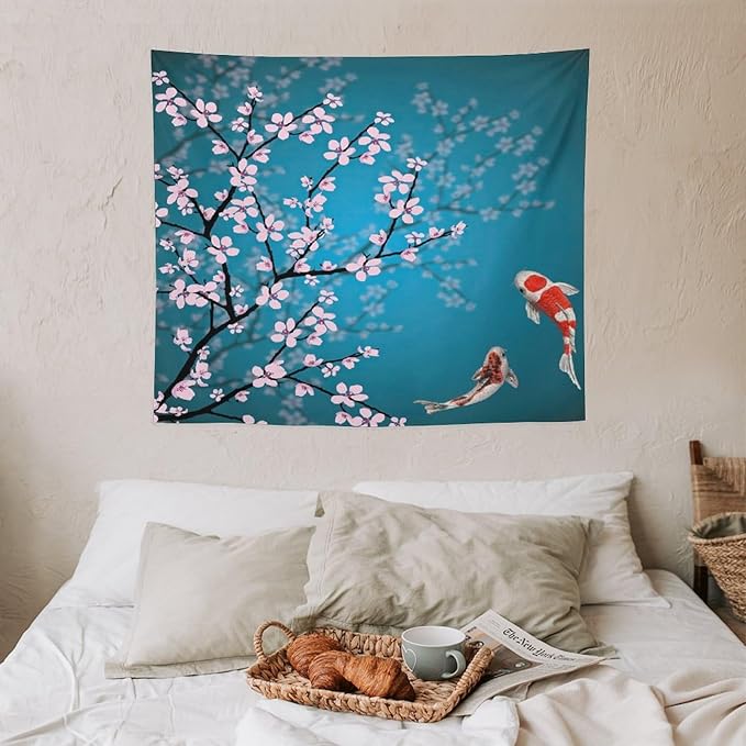 Japanese Koi Fish Tapestry, Cherry Blossoms Asian Oriental Green Teal Flower Branch Koi Fish Carp Tapestries Wall Hanging for Bedroom Living Room Office Decor 60"x50"-Ruum Studio Home