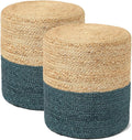 REDEARTH · Cylindrical Pouf Foot Stool Ottoman - Jute Braided Pouffe Poof Accent Sitting Footrest for Living Room, Bedroom, Nursery, Patio, Lounge Set of 2 (Natural Teal, 14.5"x14.5"x16")-Ruum Studio Home