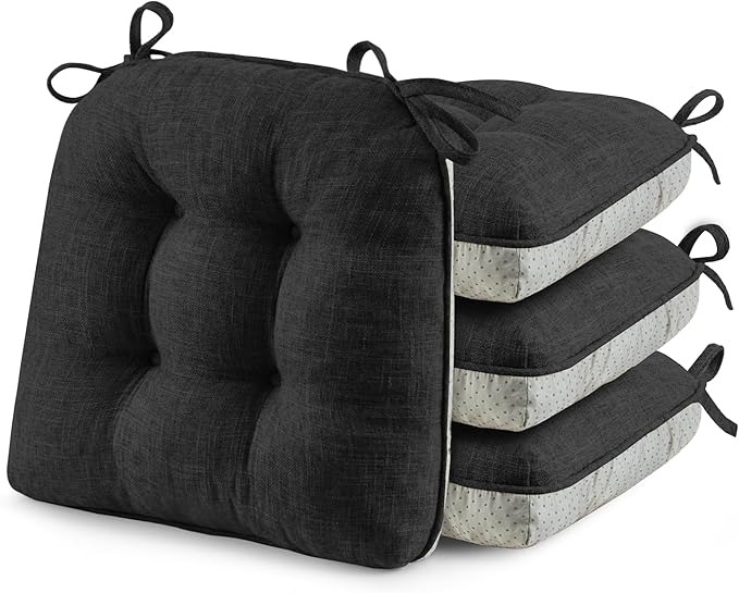 puredown® Chair Cushions for Dining Chairs, Tufted Memory Foam Chair Pads with Non-Slip Backing, Kitchen Seat Cushions with Ties, Washable Seat Pad Set of 4, 15.5" x 15.5" x 4", Black-Ruum Studio Home