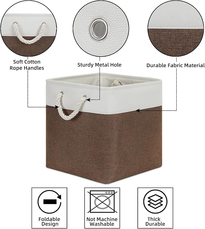 Bidtakay Collapsible Rustic Cube Storage - Brown Cloth Baskets with Handles, 13x13x13 Inch, Set of 3 Fabric Storage Bins-Ruum Studio Home