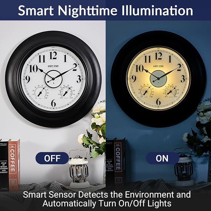 Andy Star 21 Inch Large Illuminated Outdoor Wall Clock Waterproof with Thermometer and Hygrometer, Oversized Battery Wall Clock for Patio Pool, Oil Rubbed Bronze Silent Non Ticking Clock for Garden-Ruum Studio Home