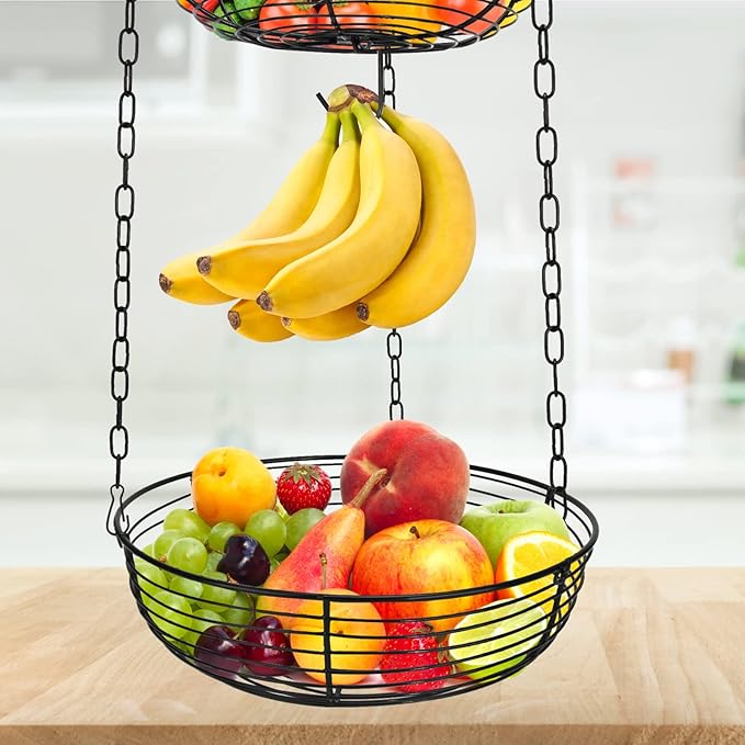 HULISEN 3 Tier Hanging Fruit Basket with Banana Hook, Heavy Duty Wire Hanging Baskets for Kitchen Storage, 36 Inch Hanging Vegetable Produce Basket Organizer (Including Installation Bracket)-Ruum Studio Home