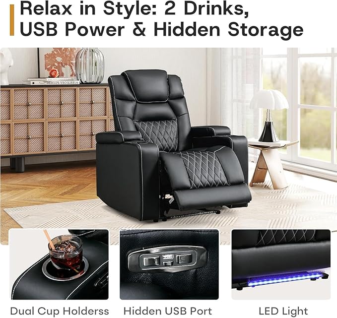 ANJ Power Home Theater Recliner Chair Set of 2, Electric Movie Theater Seating Reclining Chairs with Cup Holders for Living Room, Faux Leather with Blue LED, USB Ports, Hidden Arm Storage (Black)-Ruum Studio Home