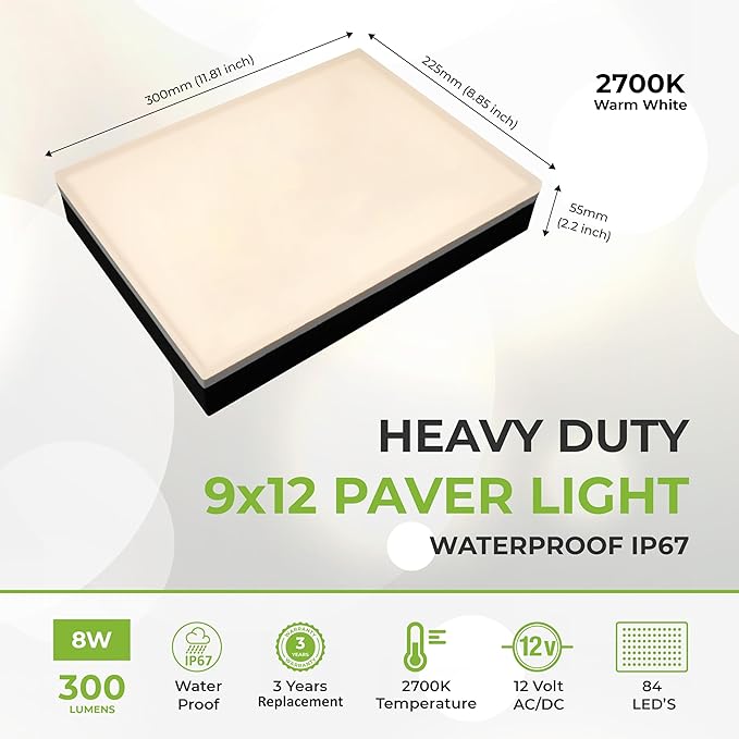 LUMENGY Paver Light 9×12 Inch (8.85 inch X 11.81 inch), Warm White Glare-Free Illumination for Driveways, Pathways, Pool Deck & Patios,12V AC/DC, Waterproof & Drive-Over Rated-Ruum Studio Home
