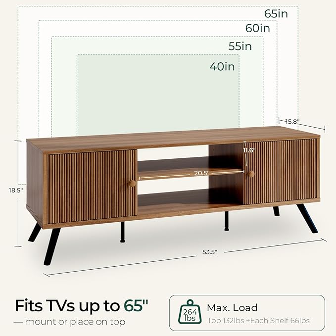 COMHOMA TV Stand for Living Room, Mid Century Modern Entertainment Center for 55/60/65 Inch TVs, Retro Brown TV Console with Fluted Door Cabinets and Open Adjustable Shelve Storage for Bedroom-Ruum Studio Home