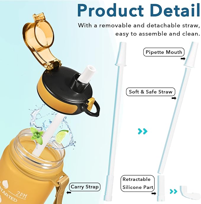 Enerbone Water Bottle, Leakproof BPA & Toxic Free, Motivational Water Bottle with Times to Drink and Straw, Fitness Sports Water Bottle with Strap for Office, Gym, Outdoor Sports-Ruum Studio Home