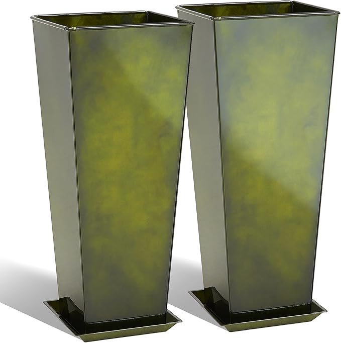 KOL Galvanized Steel Planter 25''H. with Saucer, Bright Glazed Planter with Drainage Hole, Set of 2, Tall Pots for Indoor & Outdoor Use, Decorative Flower Plant Pots for Porch, Patio, Deck - Green-Ruum Studio Home