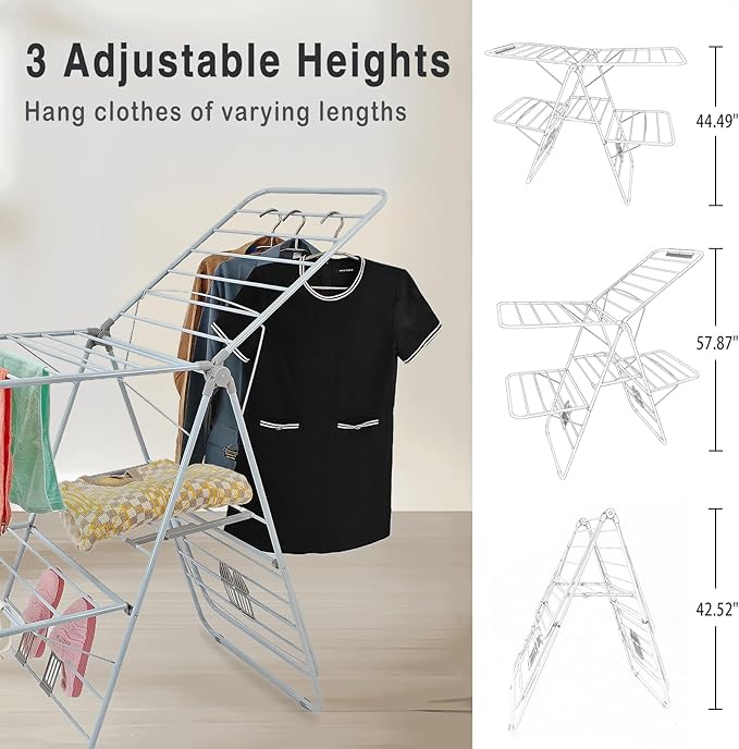 Large Capacity Double Drying Rack, Folding Rustproof Drying Rack with Non-Slip Clips and Drainage Shoe Rack, Height Adjustable, Airy and Quick Drying, Suitable for Balcony and Outdoor Use-Ruum Studio Home