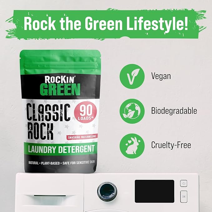 Rockin' Green Classic Rock Laundry Detergent (90 Loads), Plant based, All Natural Laundry Detergent Powder, Vegan and Biodegradable Odor Fighter, Safe for Sensitive Skin, 45 oz (Smashing Watermelons)-Ruum Studio Home